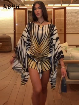 Holiday Loose Striped Mini Dress Women Round Neck Batwing Sleeve Lace Up Chic Dresses Female 2026 Summer Vacation Beach Robe 1