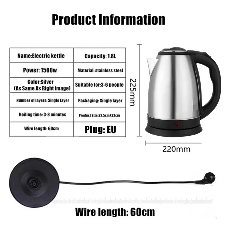 1.8L Stainless Steel Electric Kettle 360-degree Base