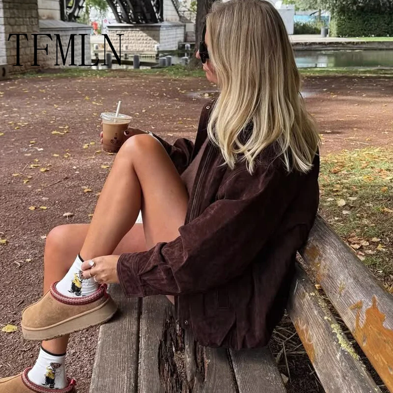 TFMLN New Fashion Women's Suede Jackets 2025 Female Pockets Elegant Warm Coat Chic Street Zipper Casual Coats