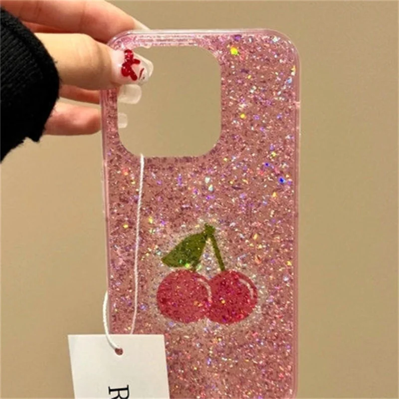 Glitter Pink Background with Red Cherry Design Phone Case