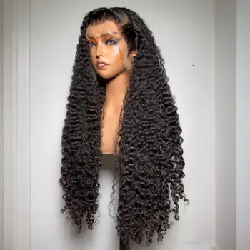 Long Deep Wave Black Color Synthetic Soft 13X4 Lace Front Wig For Black Women Prepucked Bleach Knots Glueless Wig Daily Party