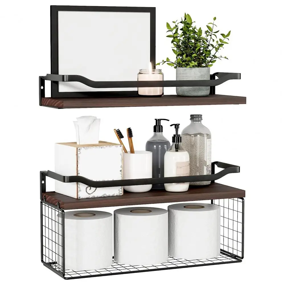 

Bathroom Storage Rack Versatile Bathroom Storage Wall Mount Wooden Floating Shelf with Metal Wire Mesh Baskets for Organized