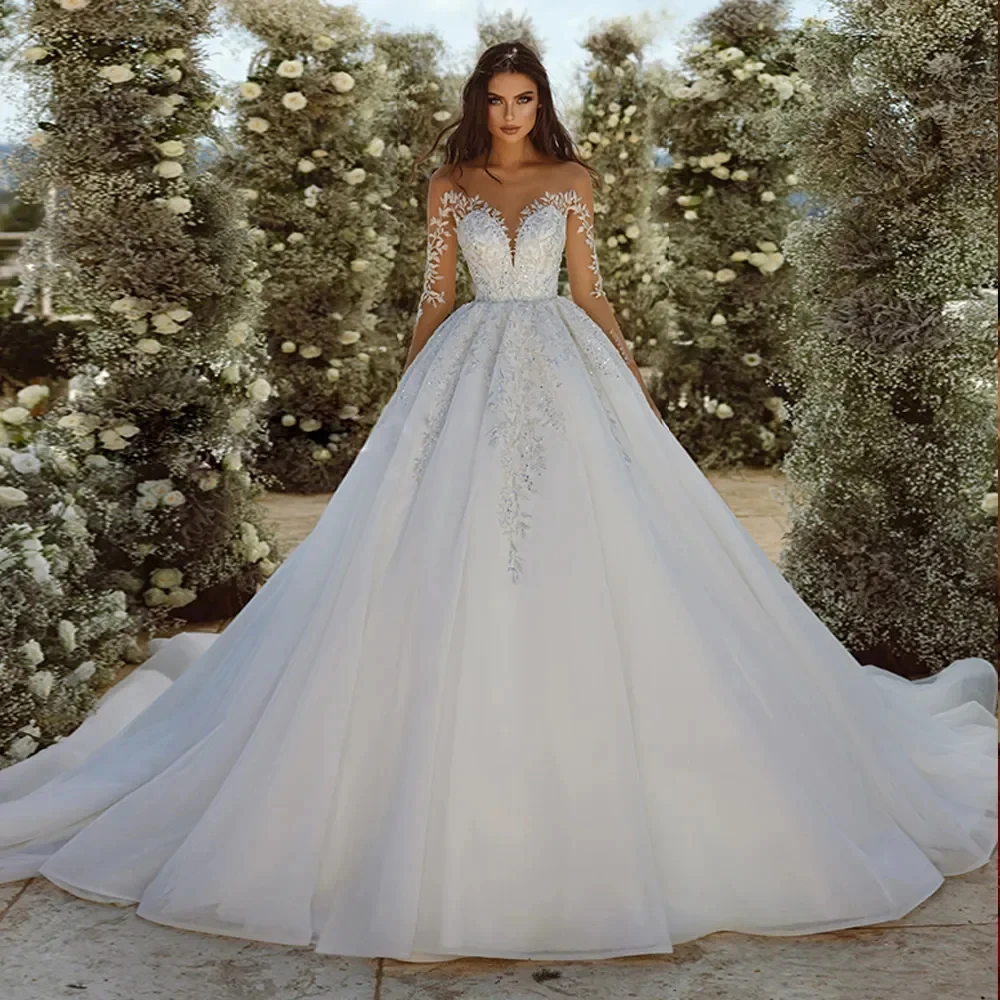 

Gorgeous Ball Gown Wedding Dress Tulle V Neck Long Sleeves With Sequined Beading Applique Back Illusion Lace Up Button Gowns