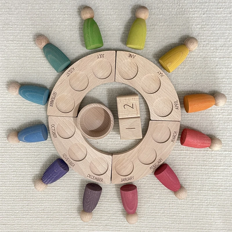 Wooden Perpetual Calendar Peg Dolls Figures Kids Learning Time Toys Open Ended Play Game Year Advent Calendar for Children 3