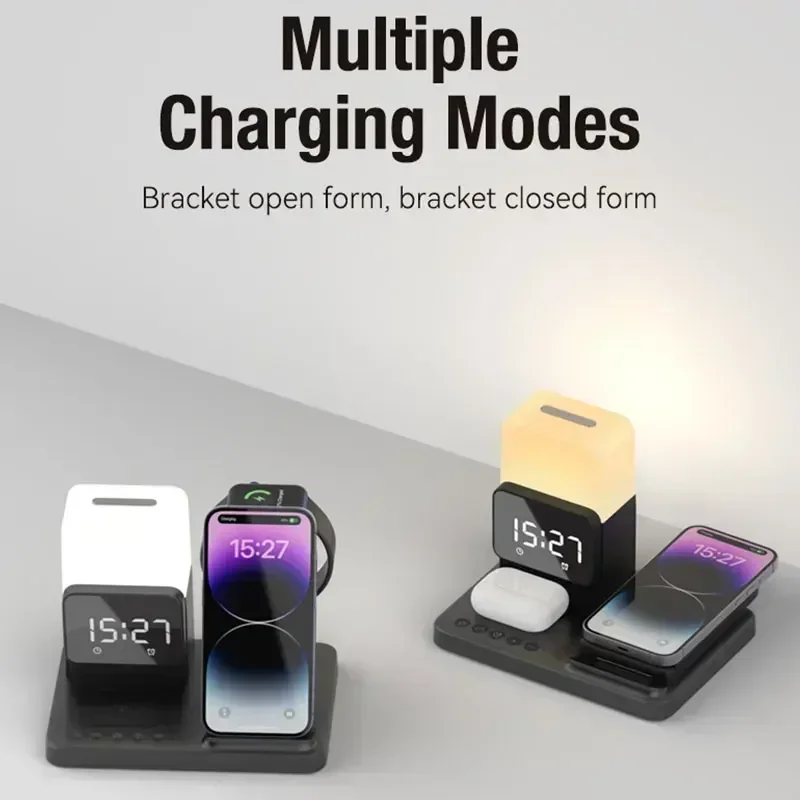 Foldable 6 in 1 Alarm Clock Lamp Wireless Charger Stand  Fast Charging Dock Station for iPhone 15 14 13 12 X Pro Max Airpods Pro