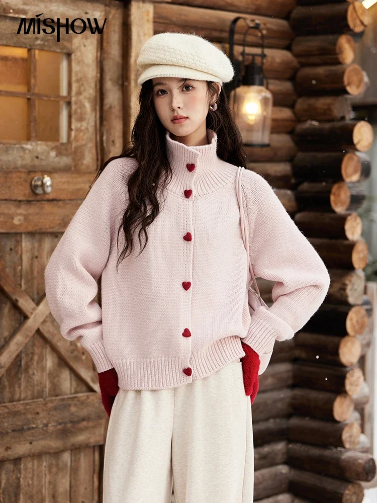 MISHOW Love Heart Button Sweater Color Clash Women Winter