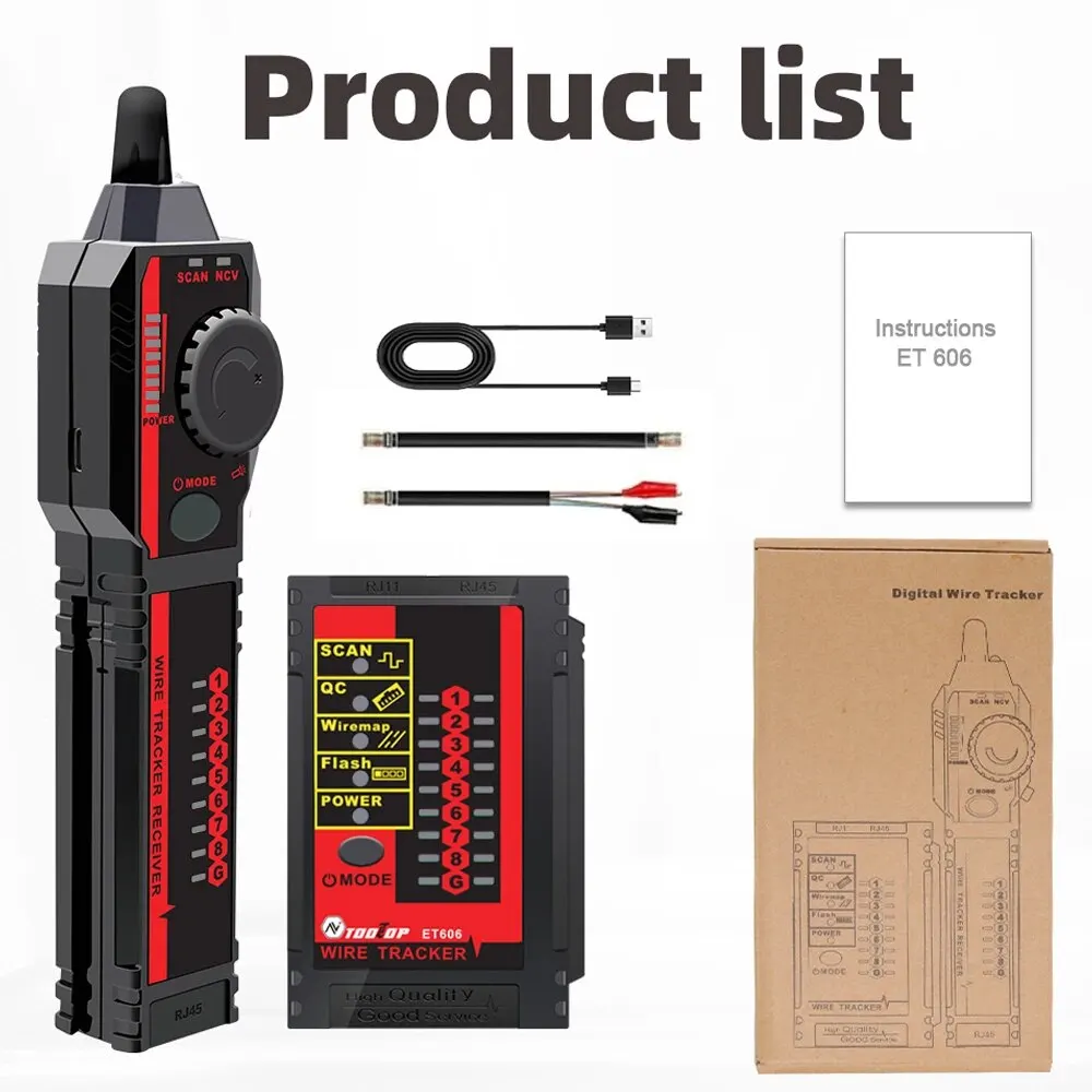 TOOLTOP ET606 Network Cable Tester POE Test 3KM Digital Cable Tracing Cross Short Circuit Checking Crystal Port RJ45/RJ11 Tester