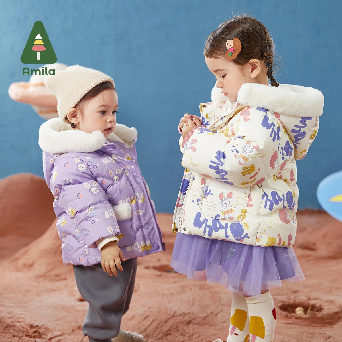 Amila Babies Coat Winter Girls Children Graffiti Casual Hooded Fur Collar Down Jacket Baby Boys Warm Fashion with Pockets Clothe
