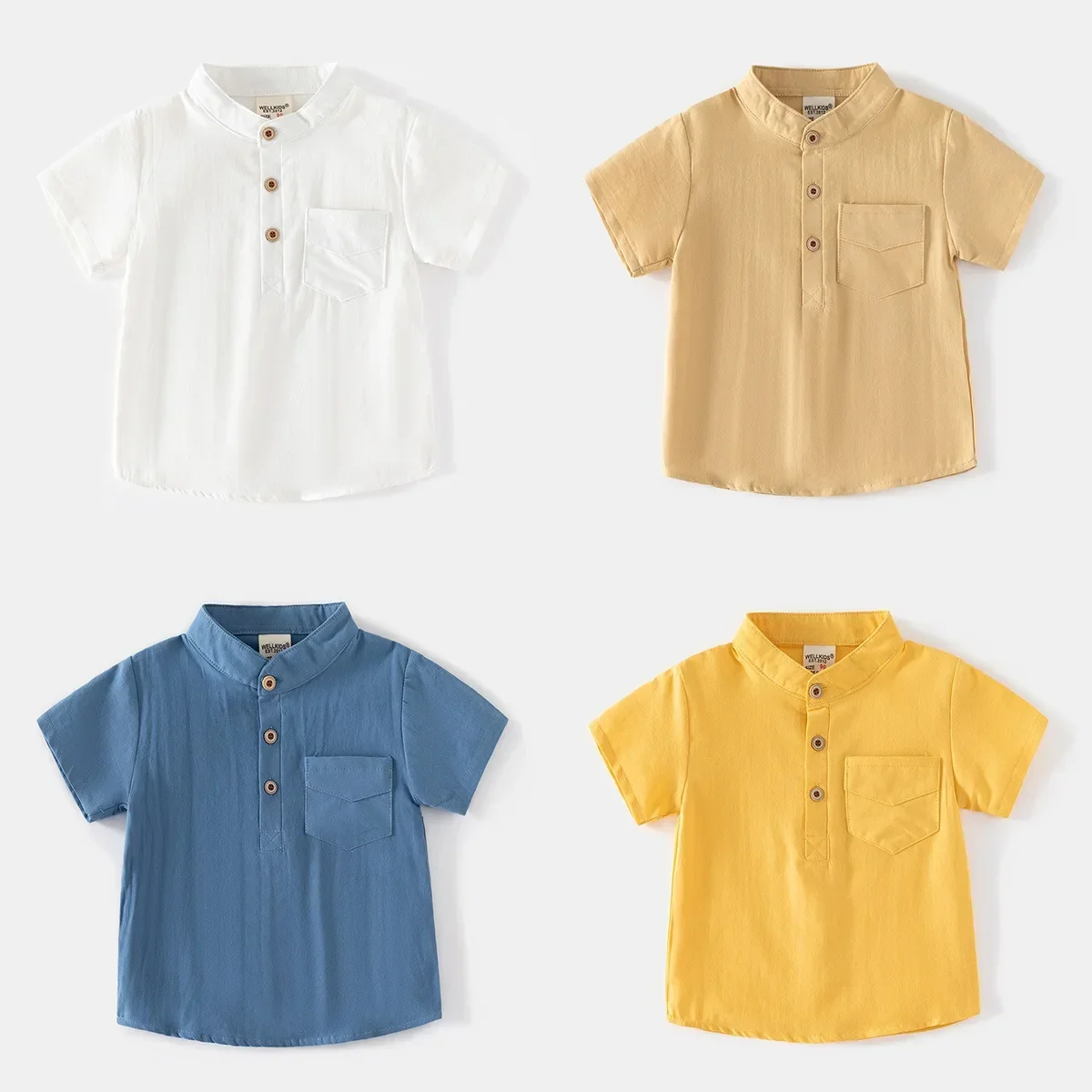 Baby Boys Blouse Toddler Short Sleeved T-shirt Kids Solid Color Shirts with Pocket Summer Children's Cotton Clothing Casual
