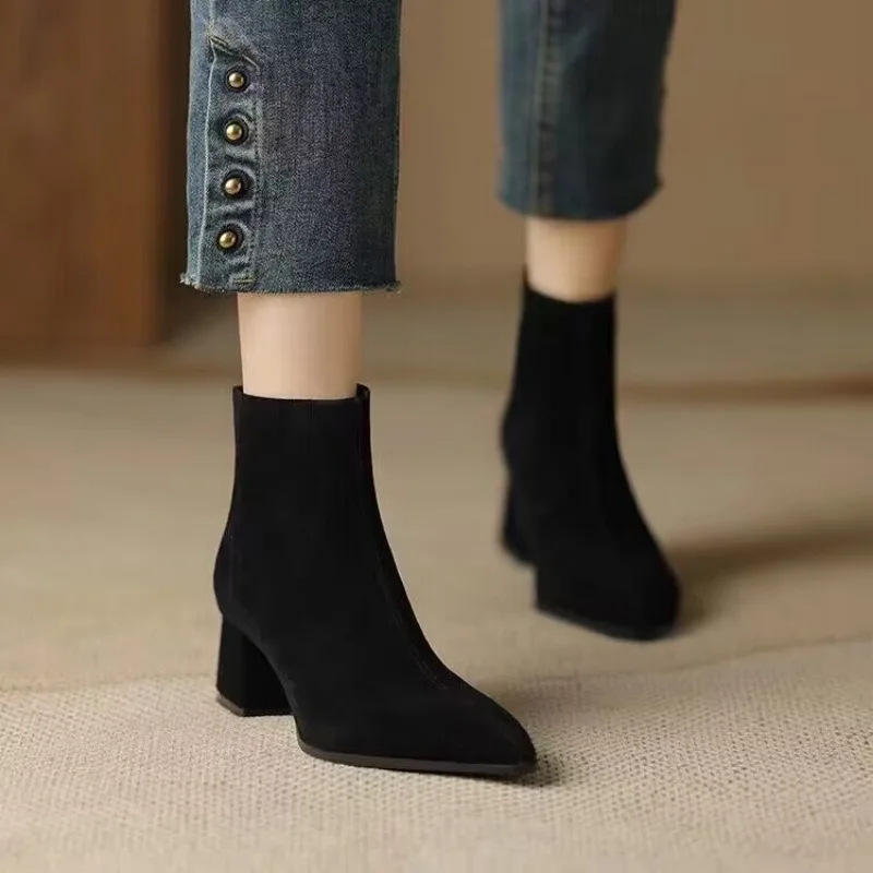 

Женские ботинки на молнии, однотонные офисные ботильоны с острым носком на каблуке, 2023