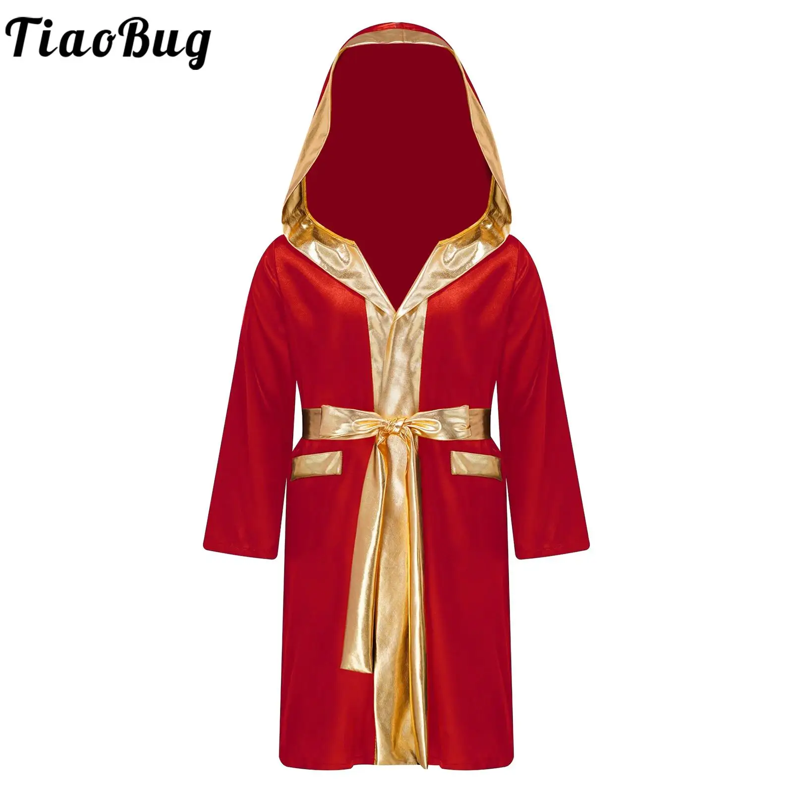 Kids Boy Boxing Robe Costume Long Sleeve Open Front Metallic Trim Satin Hooded Cloak with Belt Set Halloween Boy Child Costume