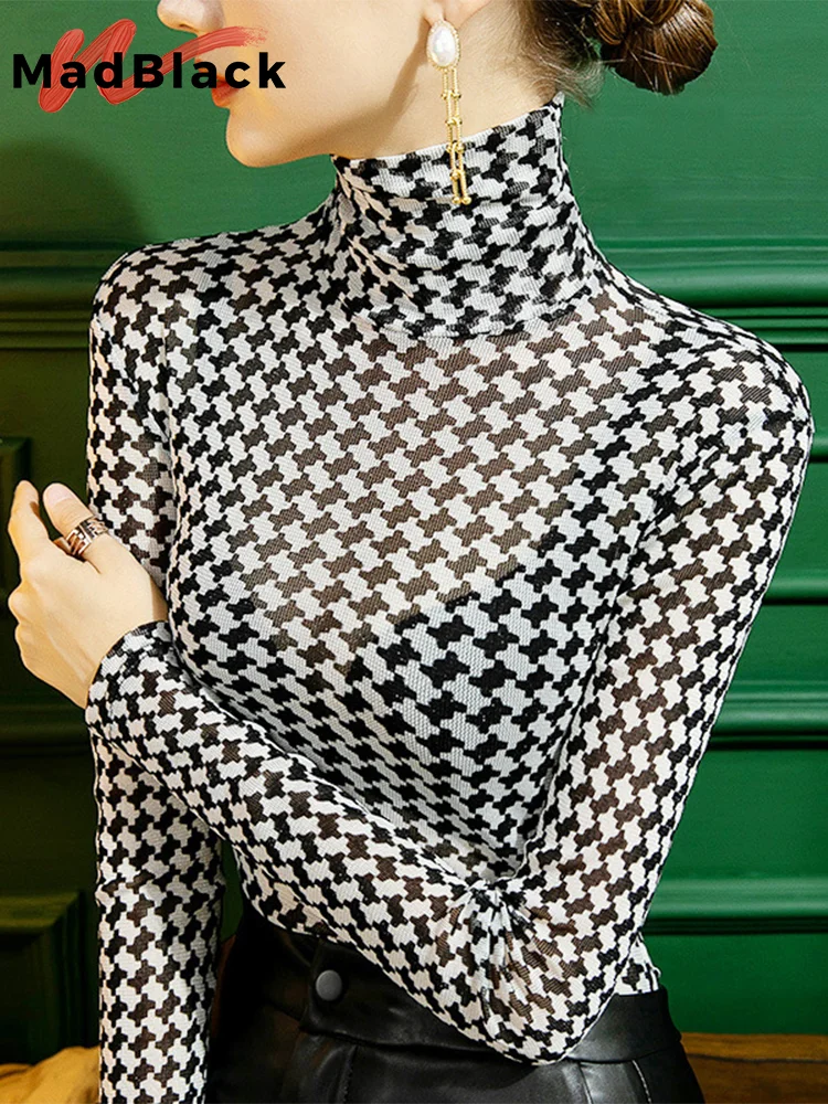 

MadBlack European Clothing Tshirt Women Sexy Turtleneck Glitter Silk Houndstooth Slim Mesh Tops Long Sleeve Tee Autumn T37028JM