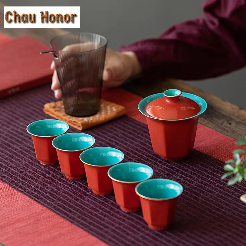 120ml Retro Red Ceramic Glaze Hexagon Tea Tureen Tea Bowl With Cover Tea Maker Gaiwan Household Kung Fu Tea Hand Grasping Bowl