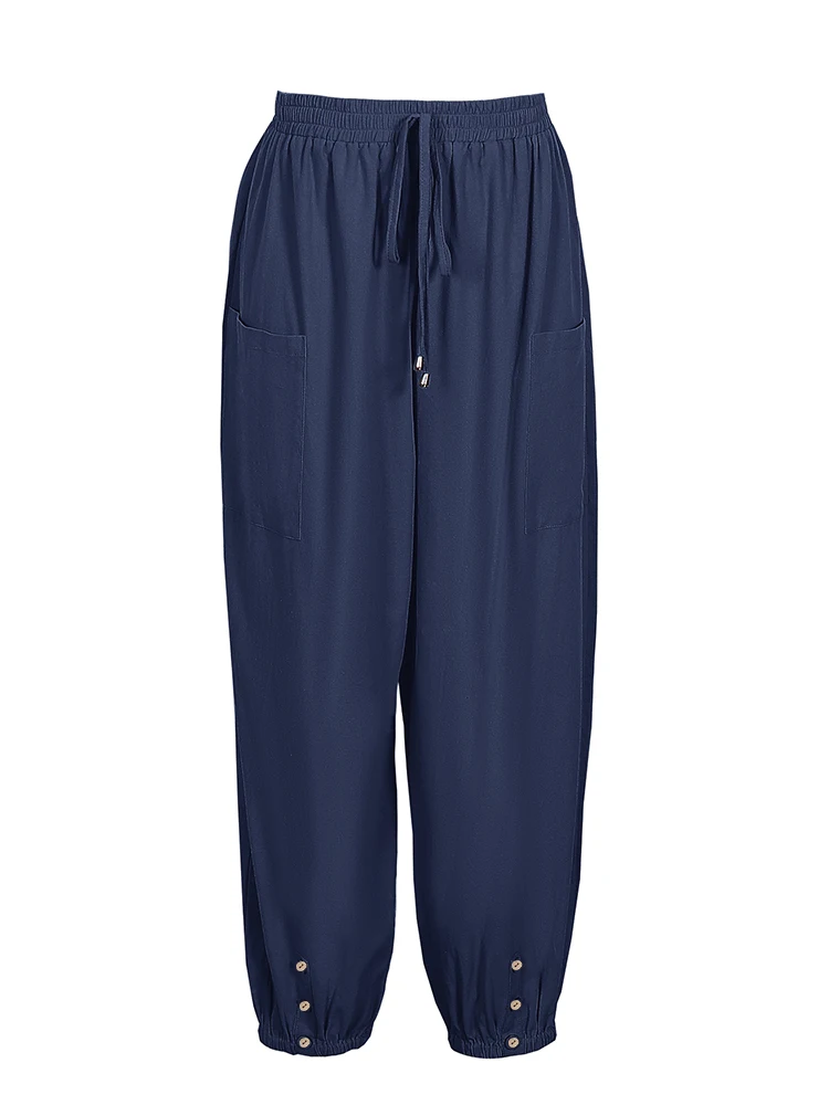 Women's plus Size 5XL Cotton Linen Wide Leg Trousers Button Detail