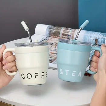Tasse à café avec couvercle en paille de 480ml, Thermos en acier inoxydable pour boissons chaudes et froides, eau, thé, lait, bouteille Portable d'extérieur pour le bureau 1