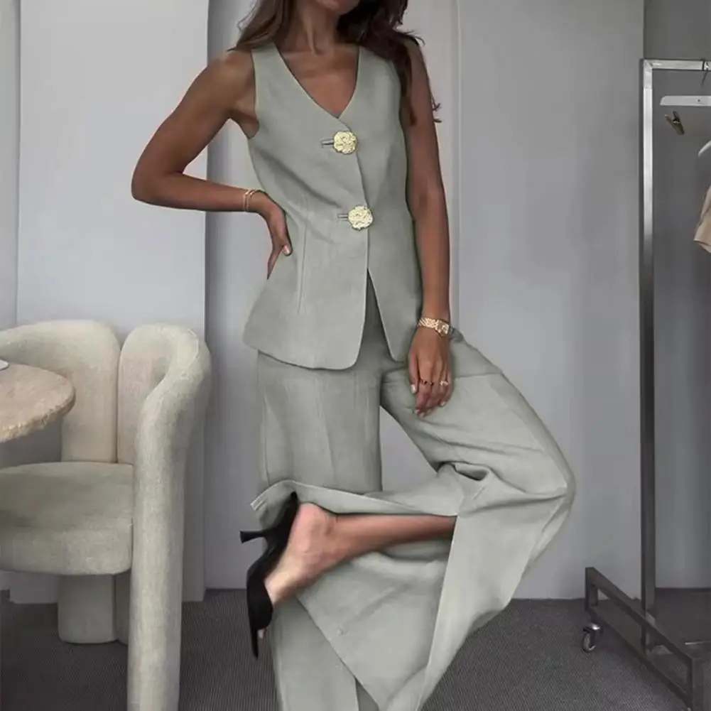 Women Polyester Suit Chic Women's V-neck Sleeveless Top Wide Leg Pants Two-piece Set for Work Play Breathable Lightweight Suit