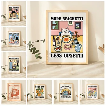 More Spaghetti & Less Regretful Cat Canvas Print Retro More Espresso Cat Kitchen Wall Art Poster for Living Room Cafe Home Decor