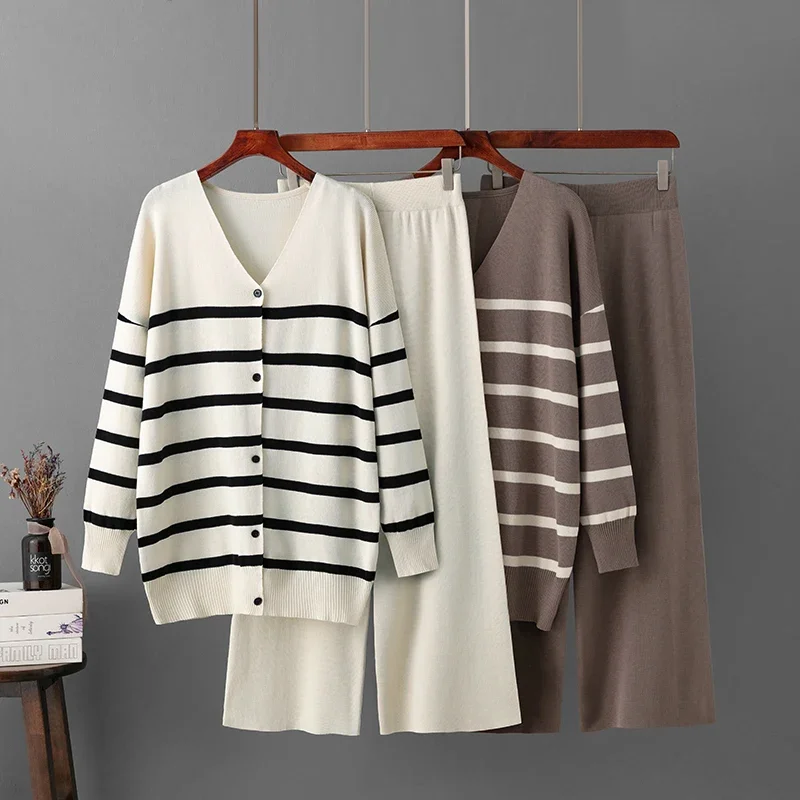 

Winter New Fashion Loose Striped Knit Cardigan Sweater Autumn Women High Waist Wide Leg Pants Women Outidits Street 2-piece Set
