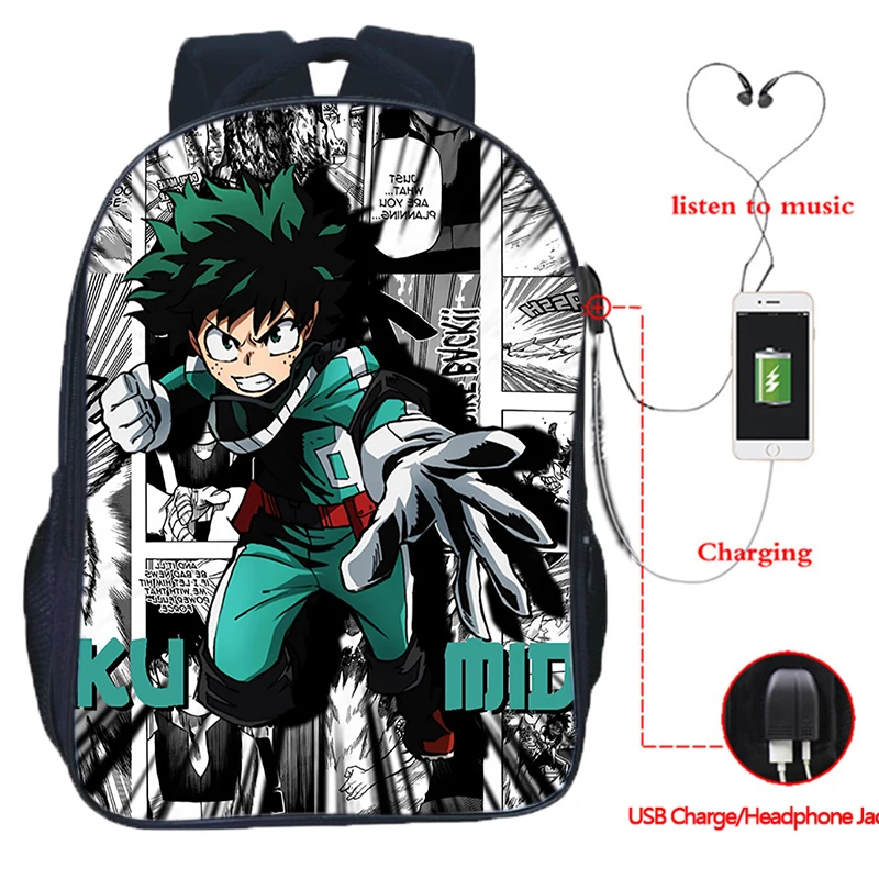 

16 inch My Hero Academia USB Backpack for Boys Girls Bookbag Anime Deku Izuku Bakugou Print School Bag Teenager Travel Rucksack