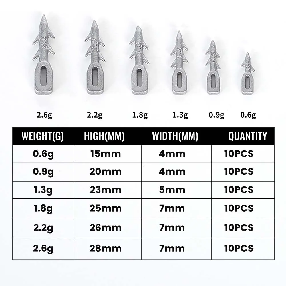 ZUKIBO 10 Stück Wurmköder-Gewichte, Angelbleie 0,6/0,9/1,3/1,8/2,2/2,6g, Nagelbleie für Karpfenangeln, Angelzubehör – Detail 2