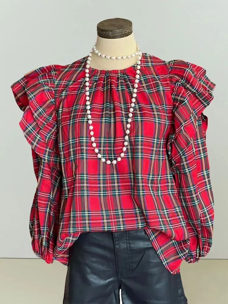 Women's Plaid Printed Blouse Beautiful Ruffle Pleated Top Long Sleeve O Neck Blouses Shirt