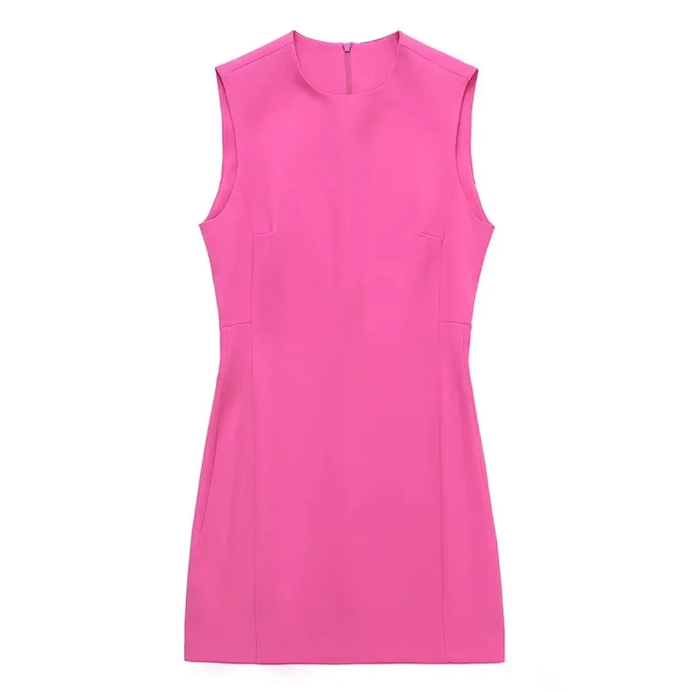 KPYTOMOA Women Fashion Sleeveless Fitted Pink Mini Dress Vintage O Neck Back Zipper Female Dresses Vestidos Mujer satin dress