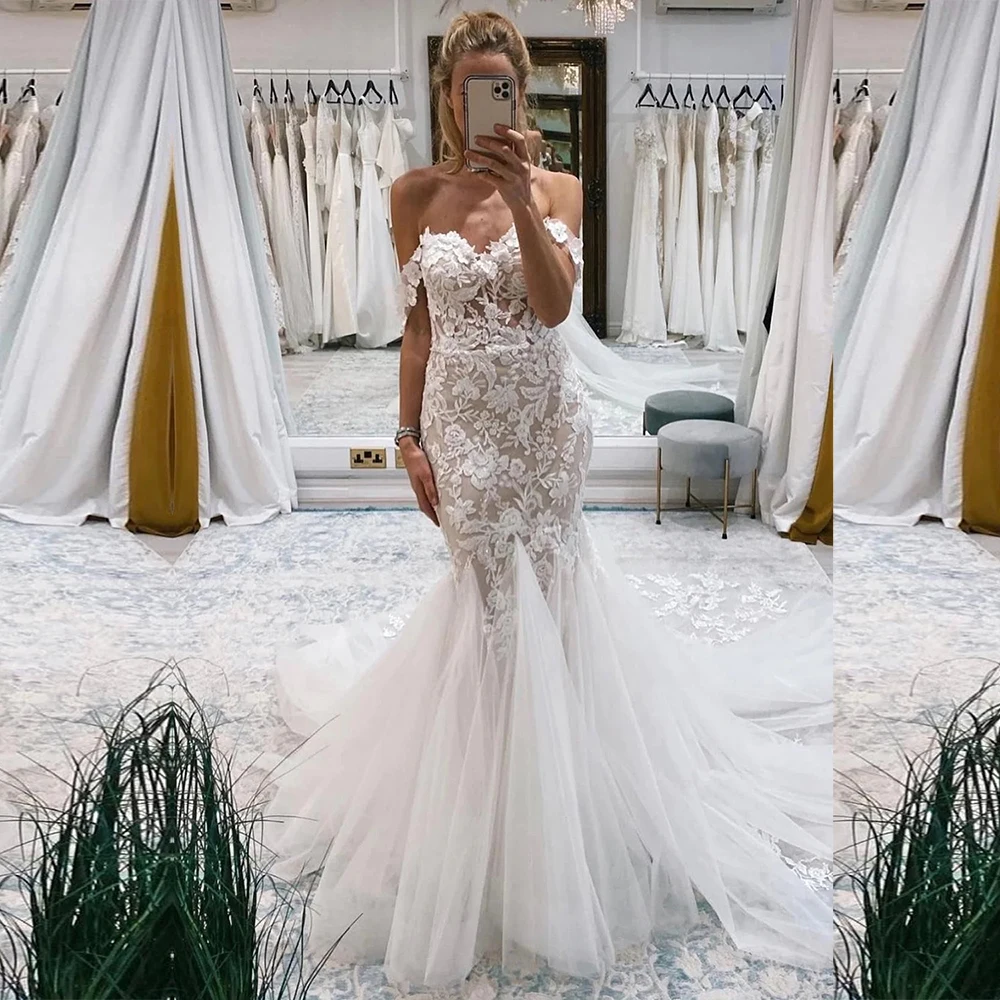

YIWUMENSA Ivory Mermaid Wedding Dress Off The Shoulder Lace Appliques Bridal Gowns Short Sleeves Custom Bride Marriage Clothing