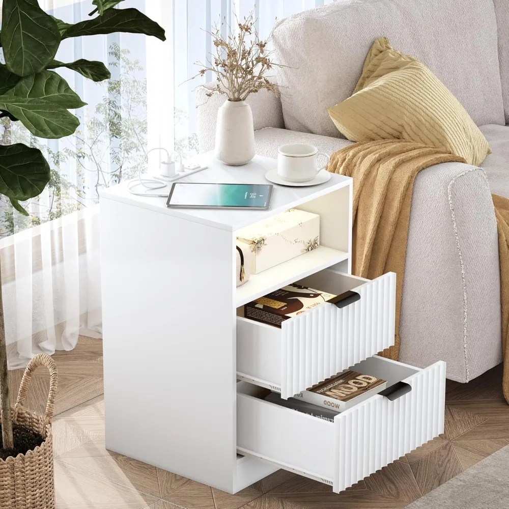 LED Nightstand with Charging Station, Fluted Design, 2 Drawers, RGB Lights, Modern Bedside Table