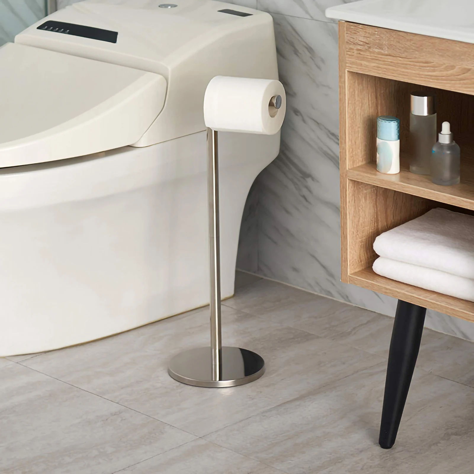 Portarotolo Carta Igienica Da Terra YUET - Acciaio Inox, Autoportante, Per 5 Rotoli, Senza Forare, Argento - Foto 5