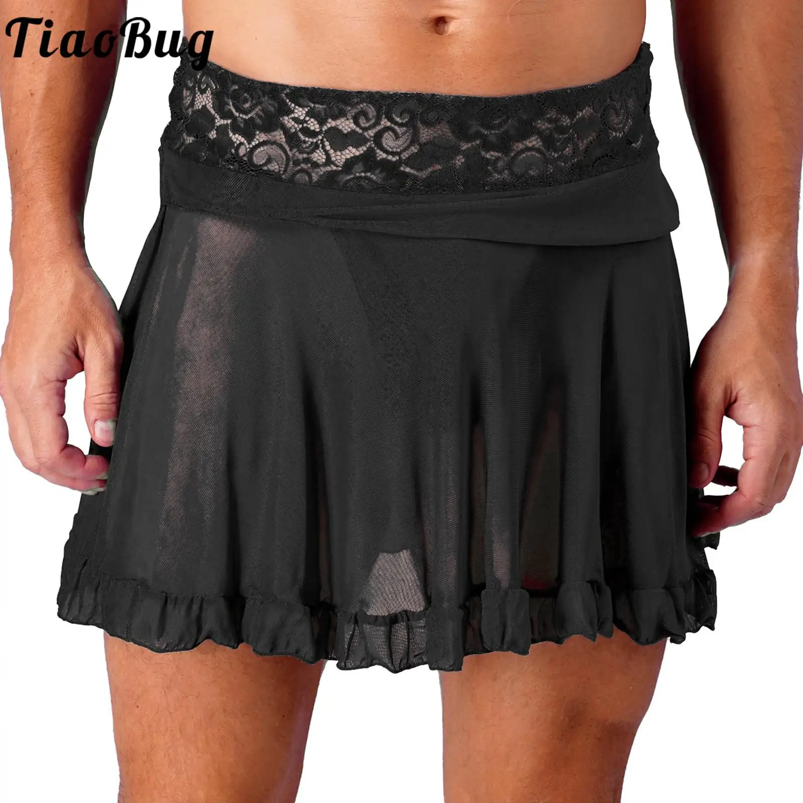 

Mens Exotic Skirt Floral Lace See-through Mesh Frilly Skirt Cover Ups Beachwear Solid Color High Waist Miniskirt with G-string