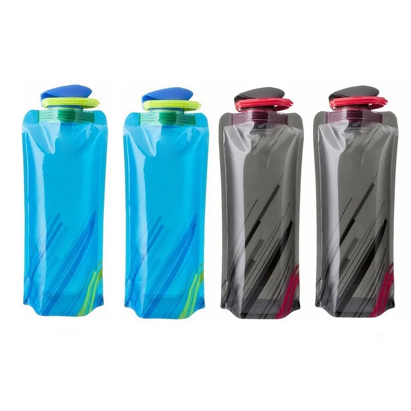 Water Bottle Foldable Flexible Reusable Travel Plastic Pouch Soft Flask Bag Carabiner Clip