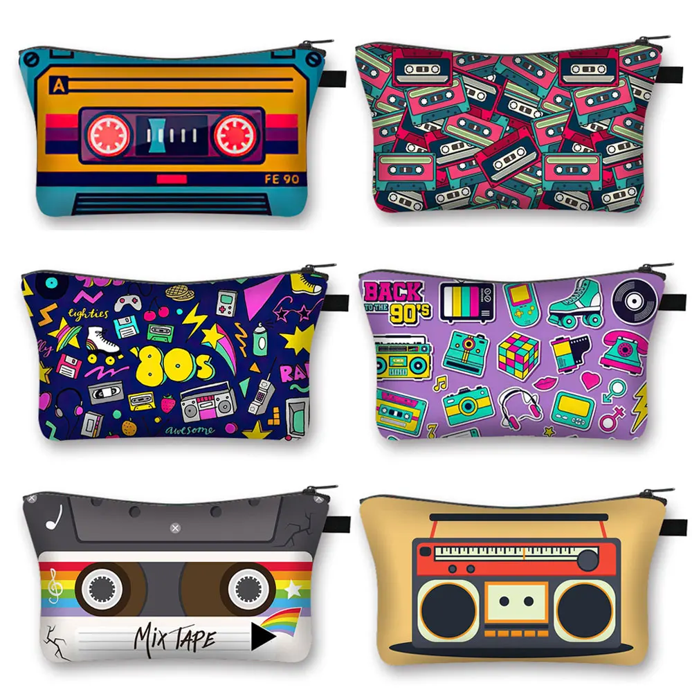 

Cassette Tape Recorder Print Cosmetic Case Back To 80s 90s Women Makeup Bag Girls Toiletries Bag Lipstick Storage Cosmetic Bags