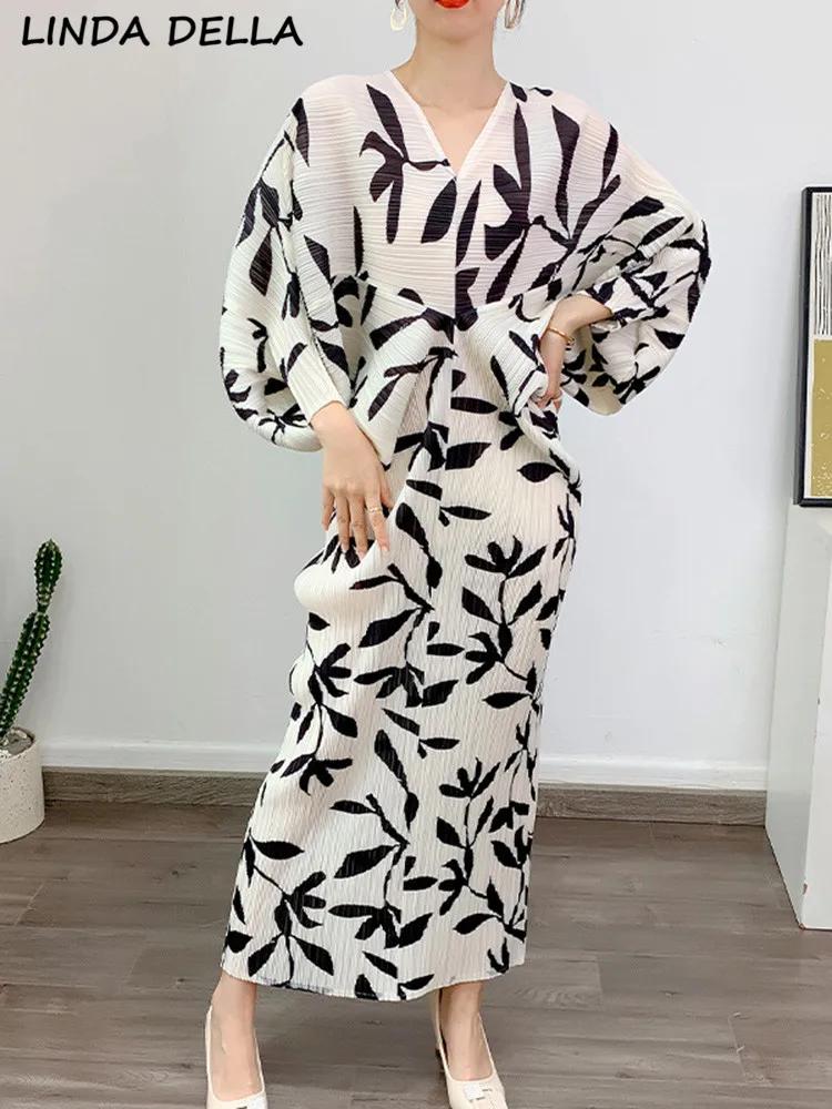 

Женское плиссированное платье LINDA DELLA, дизайнерское повседневное свободное платье с рукавами «летучая мышь» и принтом, длинное летнее платье 2019