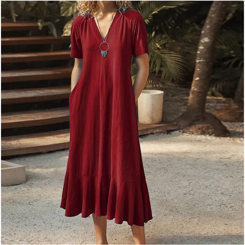 

Summer Women Casual Dress Oversized Black V-Neck Lace Up Loose A-Line Dress Female Casual Elegant Fashion Ladies Midi Vestidos