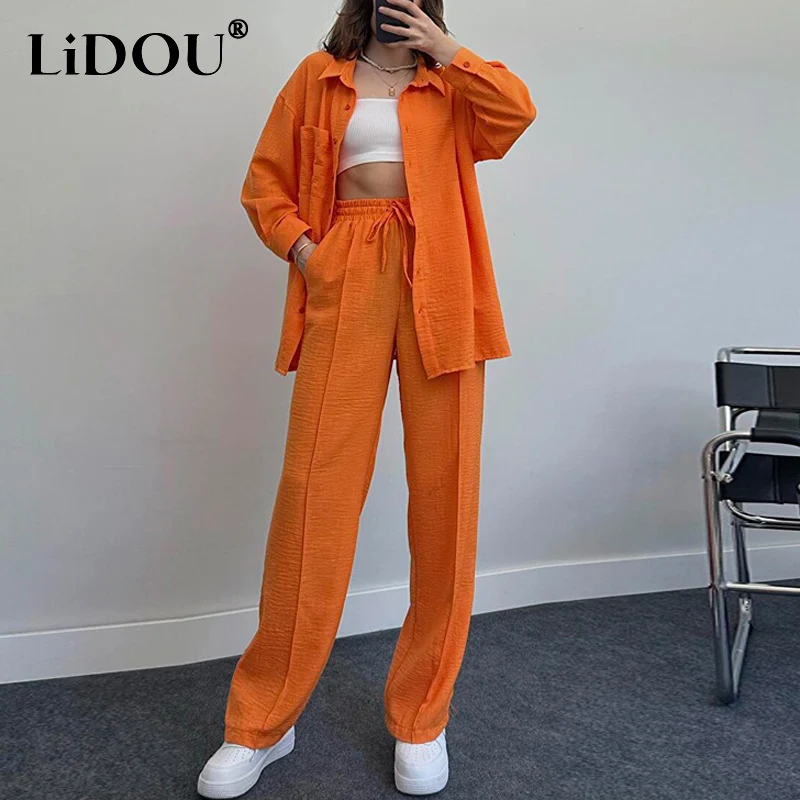 2023 Spring Autumn Solid Color Women's Set POLO Collar Button Long Sleeve Shirt and Elastic Waist All-match Wide Leg Trousers