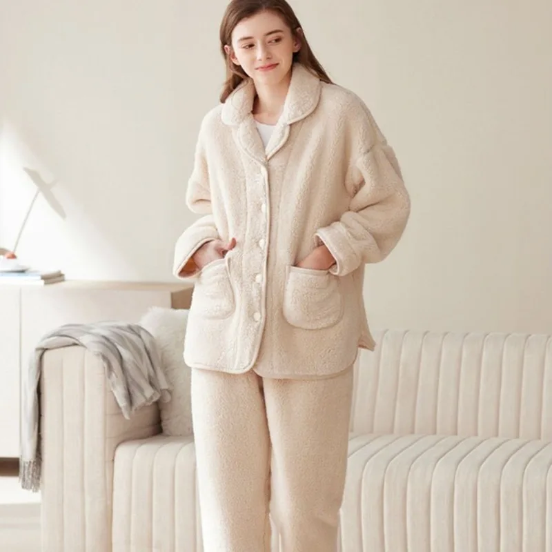 

2022 Cashmere Pajamas Women's Winter Loungewear Thickened Coral Fleece Sleepwear Autumn Flannel V-neck Warm Loungewear Sets