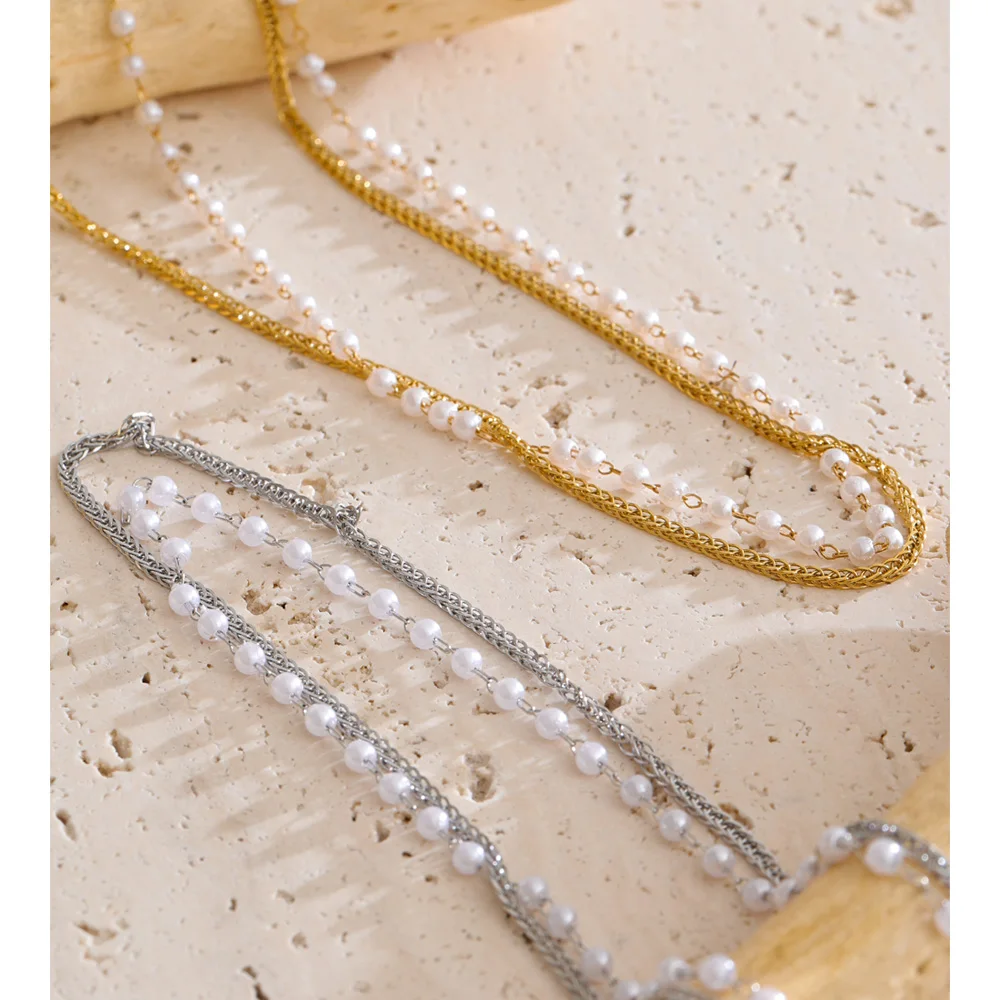 Yhpup Simulated Pearls Double-Layer Chain Overlay Necklace Stainless Steel