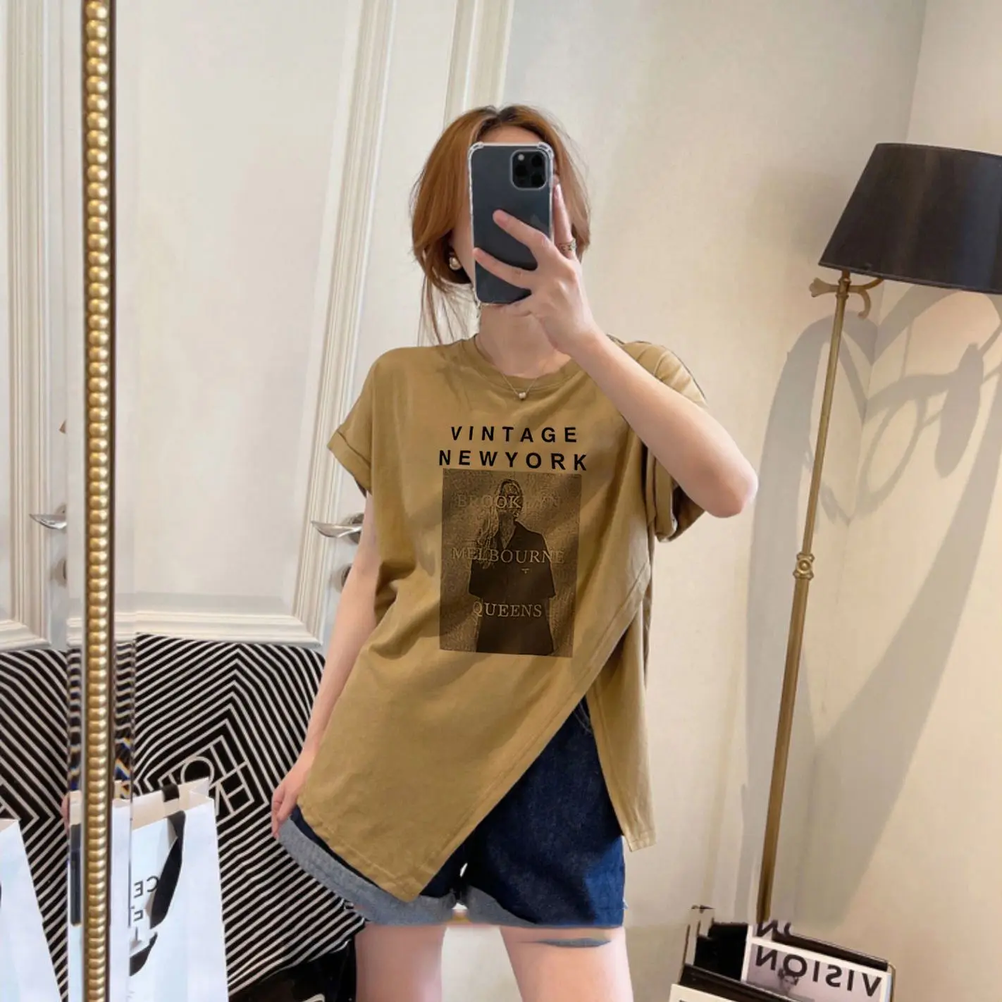 

2022 Summer New Cotton Loose Printing Irregular Slit Half-Sleeved Short-Sleeved T-Shirt Women's Top