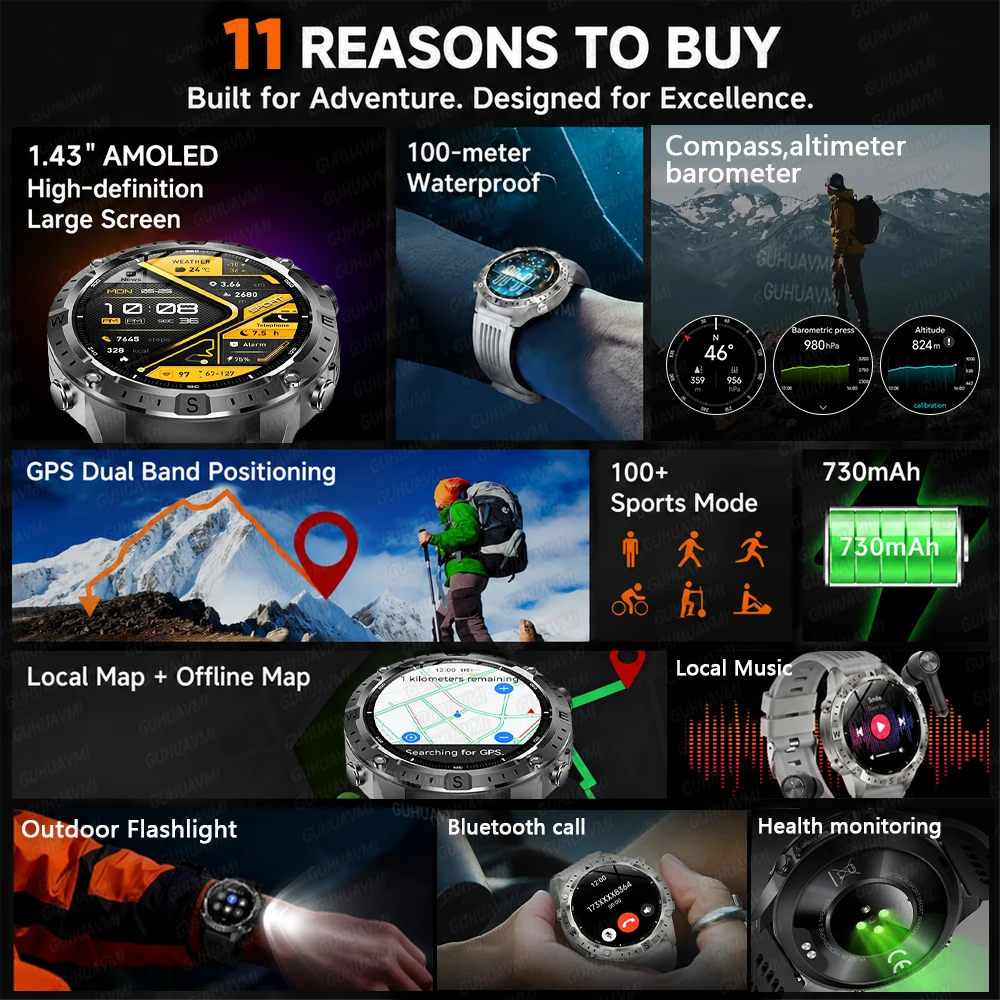 2026 Newly GPS Sports Smart Watch Offline Map 2GB Memory 10ATM Waterproof Compass 1.43" AMOLED Screen Bluetooth Call Smartwatch 2