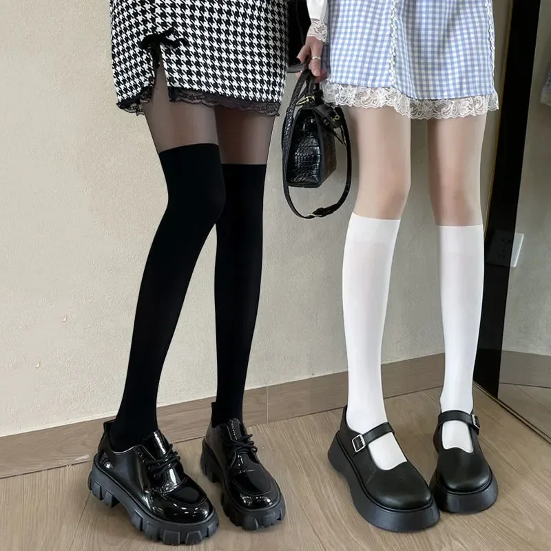 Sexy Women Tights Pantyhose Patchwork Sheer Thigh High Stockings Over Knee Stripe Pantyhose Skin Color Tights