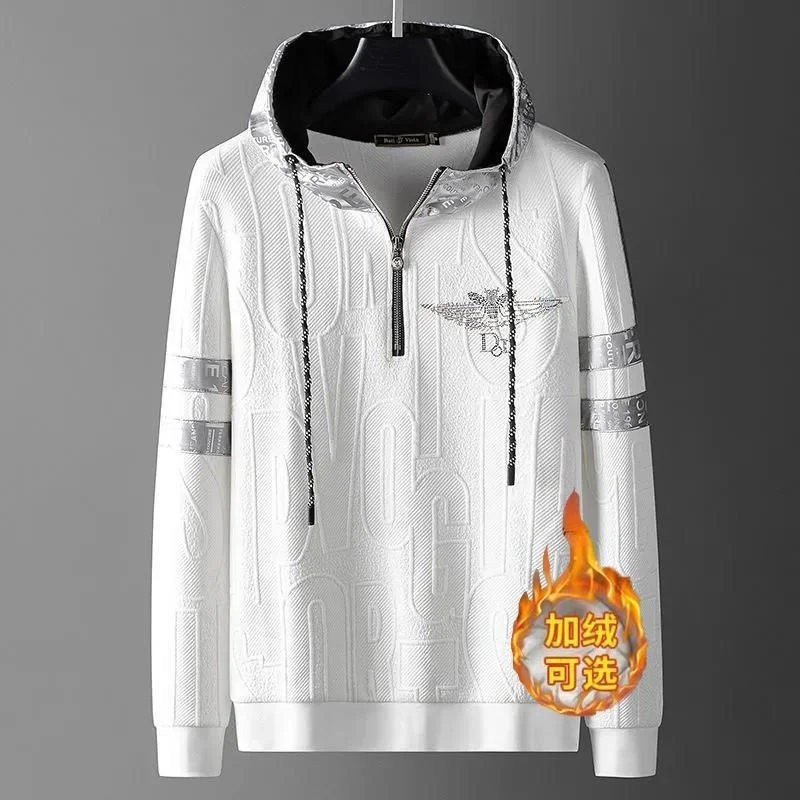 

Luxury brand High end fashion casual zipper sweater men's hot drilling white plush thick hooded trend top