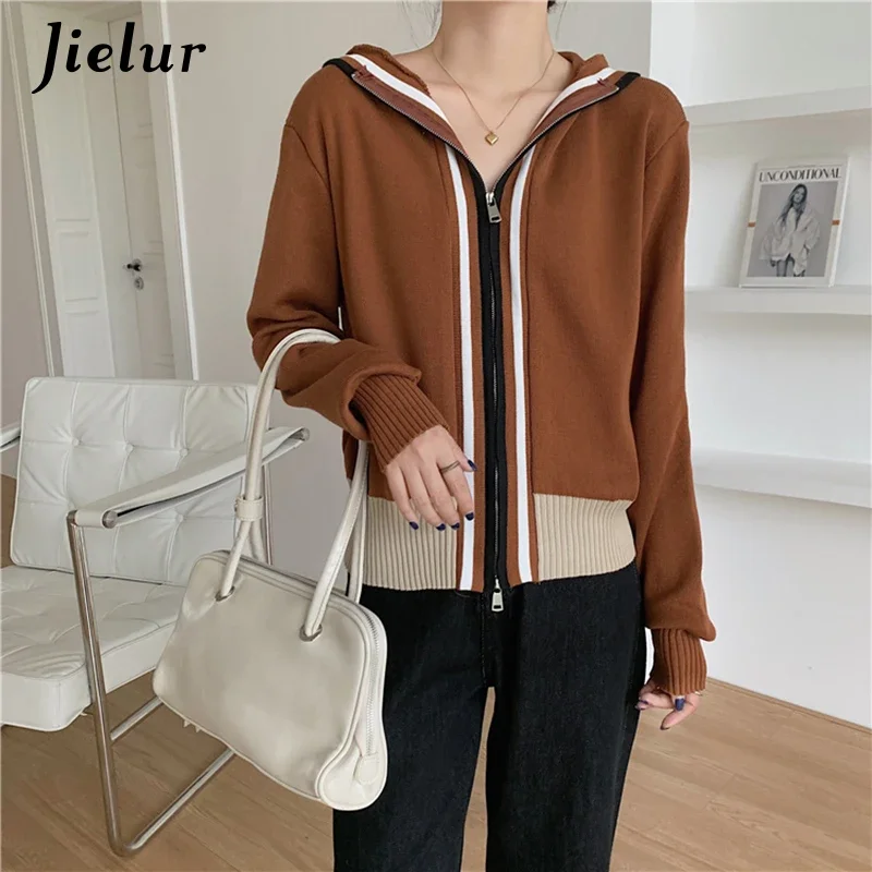 

Jielur Hit Color Hooded Long-sleeved Knitted Sweaters Autumn Winter Khaki Zipper Cardigan Sweater Women Gray Outerwear Chic Tops