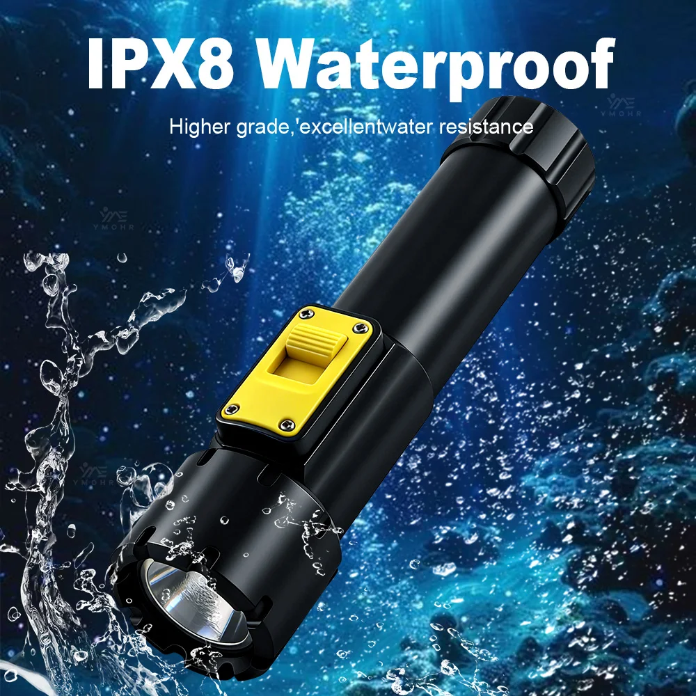 IPX8 전문 다이빙 손전등 수중 램프 휴대용 자기 스위치 램프 다이빙 토치 5000M 고출력 LED 손전등