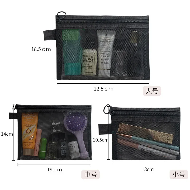 Moda piccolo grande nero organizer da toilette e borsa per il trucco borsa per cosmetici con cerniera in rete trasparente organizzatore necessario da donna - immagine 6