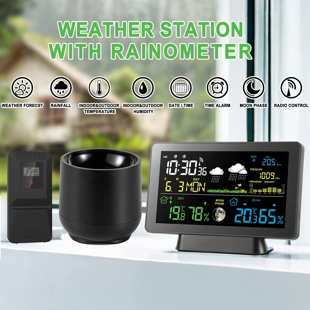 Wireless Weather Station Rain Gauge Thermometer DCF Radio Signal Time Date Alarm Clock Air Pressure Moon Phase Weather Forecast