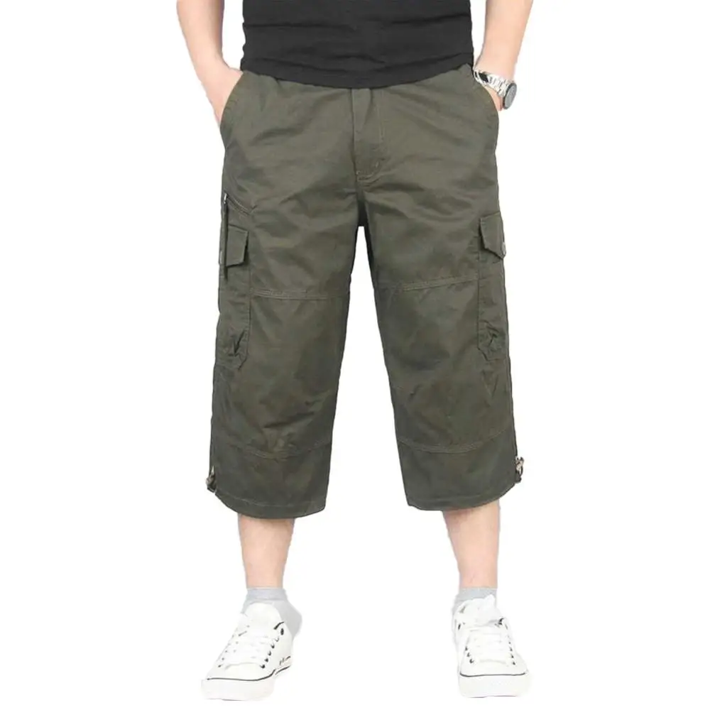 

Summer Men's Casual Cotton Cargo Shorts Overalls Long Length Multi Pocket Hot breeches Military Pants Male Cropped Pants