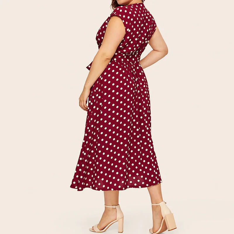 Bohemian V-Neck Polka Dot Patchwork Button Short Sleeve Female Summer Casual Vacation Crimping Lacing Waist Long Dress Plus Size