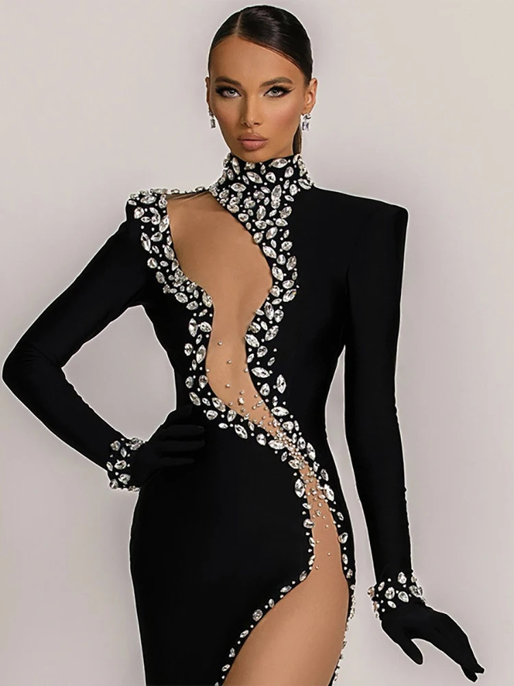 

Sexy Long Sleeve Luxury Diamonds Crystal Long Bandage Dress Women Black Slit Rhinestones Bodycon Dresses Elegant Evening Party