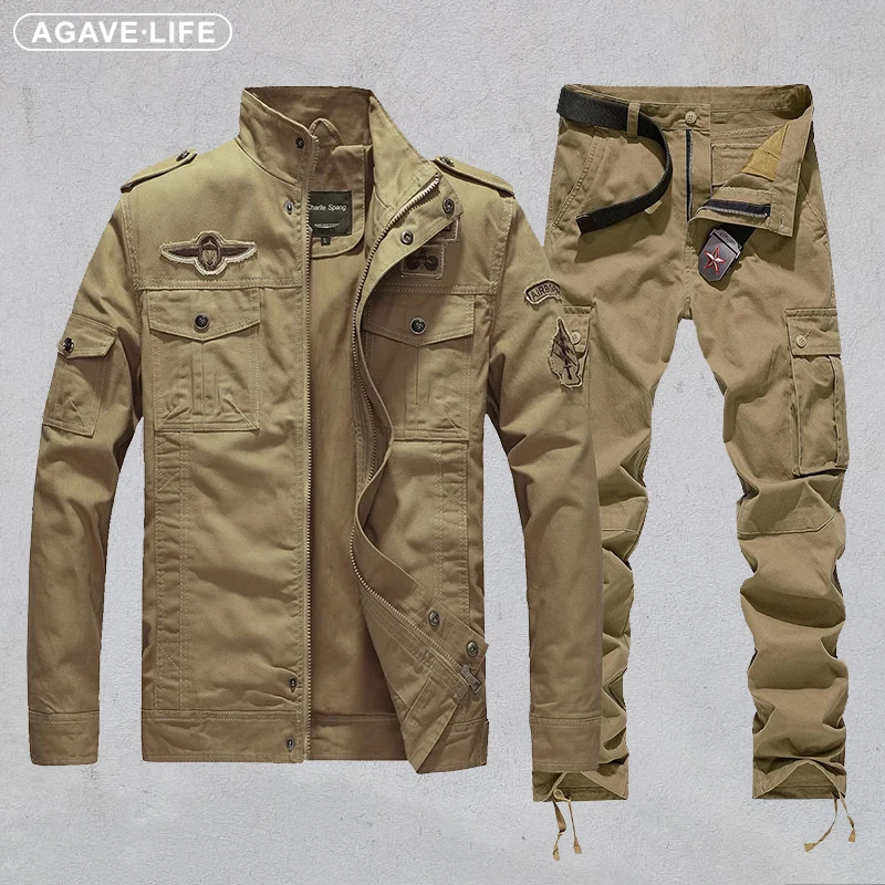 

Men Tooling Jacket Pants 2 Pcs Sets Fashion Men Cotton Jacket Set Tough Guy American Style Men Solid Color Military Suit Uniform