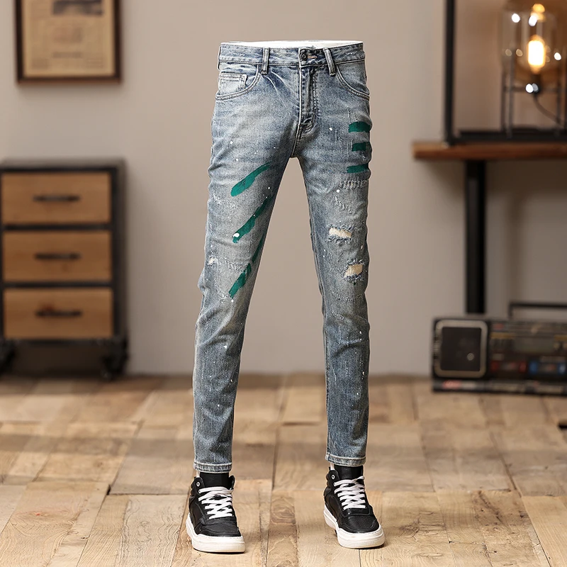 Fashionable Street Clothing Retro Blue Men's Jeans Elastic Slim Fit Split Jeans Men's Retro Pants Colored Designer Hip Hop Pants